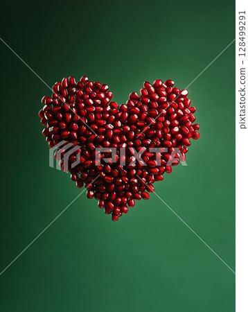 3D heart created from pomegranate seeds floating in air against a vibrant green background 128499291
