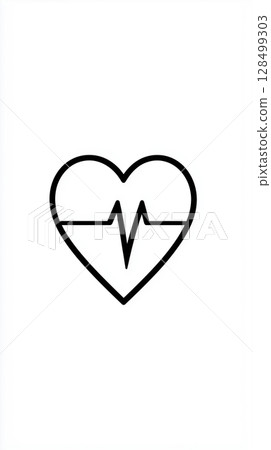 Minimalist black-and-white heart icon featuring a heartbeat line for health and wellness designs 128499303