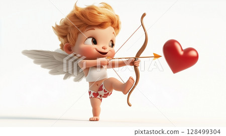 Playful 3D Cupid aiming heart-shaped arrow on a white background 128499304