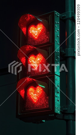 Traffic light with heart-shaped lights in a dreamy pastel style showcasing love and affection 128499309