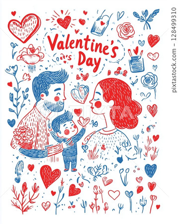 Creative Valentine's Day illustrations featuring love and family themes in bright colors 128499310
