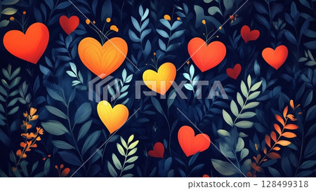 Beautiful flat design with colorful hearts among leafy patterns expressing love and affection 128499318