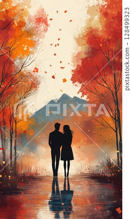 Couple holding hands in a dreamy autumn landscape surrounded by vibrant trees 128499323