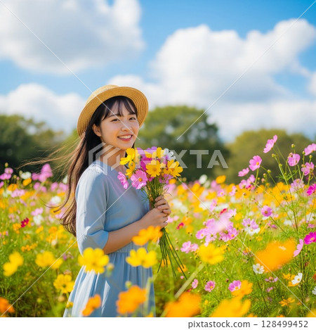 A woman in a straw hat smiling and holding a bouquet in a cosmos field 128499452