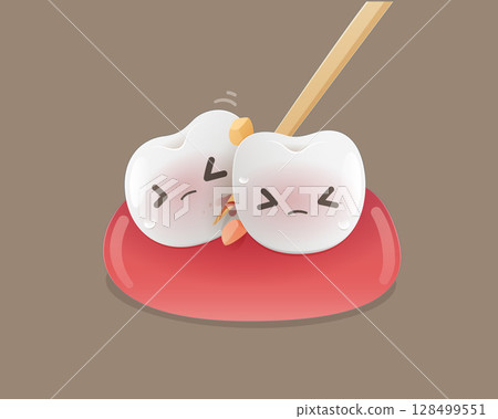 Cute dental cartoon showing gum bleeding from toothpick injury perfect for health topics. 128499551