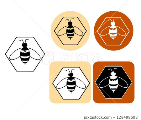 Outline bee in hexagon logotype. Vector graphic line illustration. honeycombs. Organic honey linear logo, label, tags design elements. Concept for honey package, banner, wrapping. Outline bee in hexagon logotype. Vector graphic line illustration. honeycombs. Organic honey linear logo, label, tags design elements. Concept for honey package, banner, wrapping. 128499698