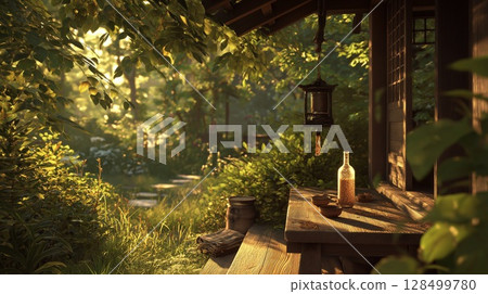 A calm summer day spent on the veranda of an old house surrounded by greenery 128499780