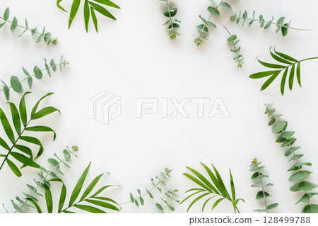 Table palm and eucalyptus green frame 128499788