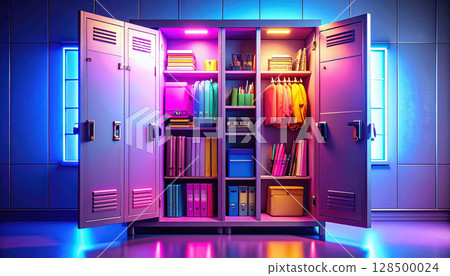 Organized School Locker Interior with Supplies. Back to School Concept. Generated image 128500024