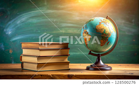 Globe and Books on Wooden School Desk. Back to School Concept. Generated image 128500276
