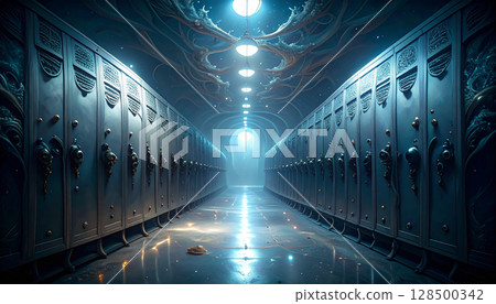 Empty  School Hallway with Open Lockers. Back to School Concept. Generated image Empty  School Hallway with Open Lockers. Back to School Concept. Generated image 128500342
