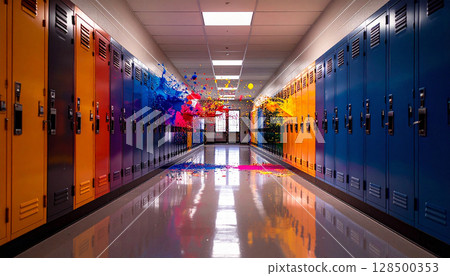 Empty  School Hallway with Open Lockers. Back to School Concept. Generated image 128500353