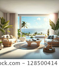 modern beach house with big windows located on ocean beach. travel and relax concept. Ai generated 128500414