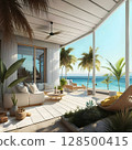 modern beach house with big windows located on ocean beach. travel and relax concept. Ai generated 128500415