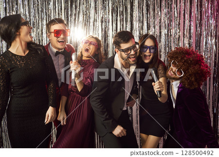 Karaoke entertainment party fun friends, people feel excited, moving, promotion celebrating  128500492