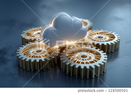 Digital integration of cloud technology and mechanical gears showcasing innovation and connectivity 128500501