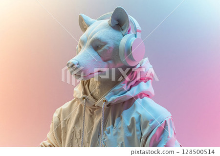 Abstract humanoid figure with a wolf head listening to music in a vibrant, colorful environment 128500514
