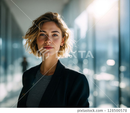 Brightly lit indoor setting showcases a confident woman with curly hair standing near large windows 128500578