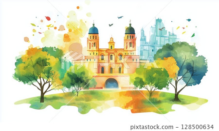 Castillo de Chapultepec. Castillo de Chapultepec hand drawn watercolor illustration Castillo de Chapultepec. Castillo de Chapultepec hand drawn watercolor illustration 128500634