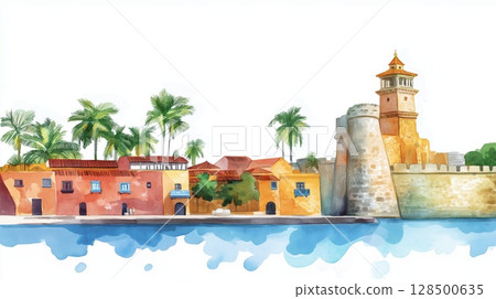Castillo de San Felipe. Castillo de San Felipe hand drawn watercolor illustration 128500635