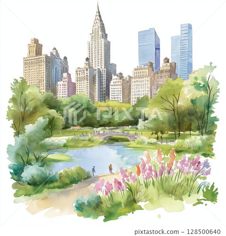 Central Park. Central Park hand drawn watercolor illustration 128500640
