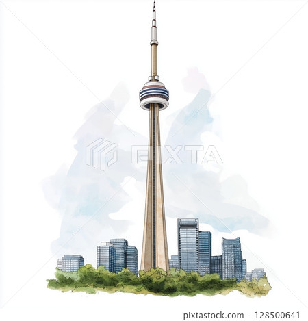 CN Tower. CN Tower hand drawn watercolor illustration CN Tower. CN Tower hand drawn watercolor illustration 128500641