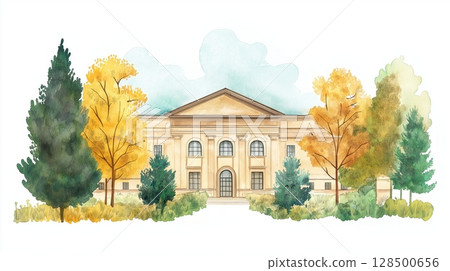 Field Museum of Natural History. Field Museum of Natural History hand drawn watercolor illustration 128500656