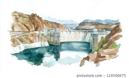 Hoover Dam. Hoover Dam hand drawn watercolor illustration 128500675
