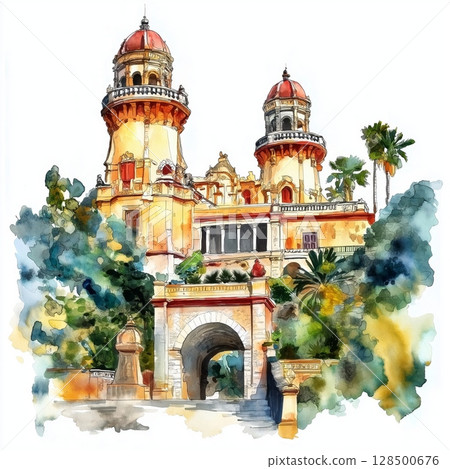 Chapultepec Castle. Chapultepec Castle hand drawn watercolor illustration Chapultepec Castle. Chapultepec Castle hand drawn watercolor illustration 128500676
