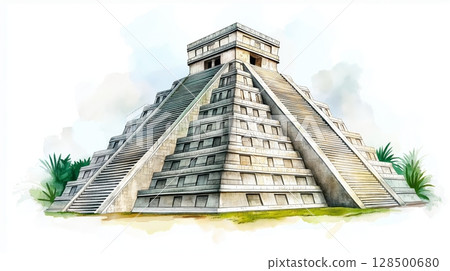 Chichen Itza. Chichen Itza hand drawn watercolor illustration 128500680