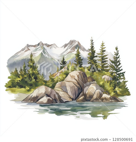 Kenai Fjords National Park. Kenai Fjords National Park hand drawn watercolor illustration 128500691