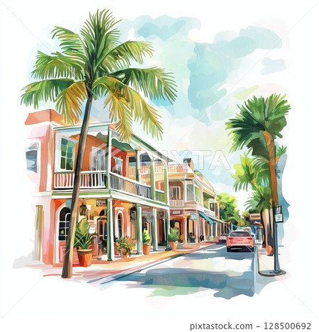 Key West Duval Street. Key Wests Duval Street hand drawn watercolor illustration 128500692