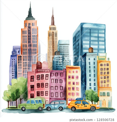 New York City. New York City hand drawn watercolor illustration 128500728