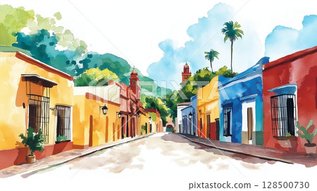 Oaxaca Historic Center. Oaxaca Historic Center hand drawn watercolor illustration Oaxaca Historic Center. Oaxaca Historic Center hand drawn watercolor illustration 128500730