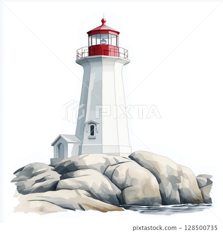 Peggy Cove Lighthouse. Peggys Cove Lighthouse hand drawn watercolor illustration 128500735