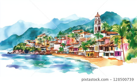 Puerto Vallarta. Puerto Vallarta hand drawn watercolor illustration 128500739