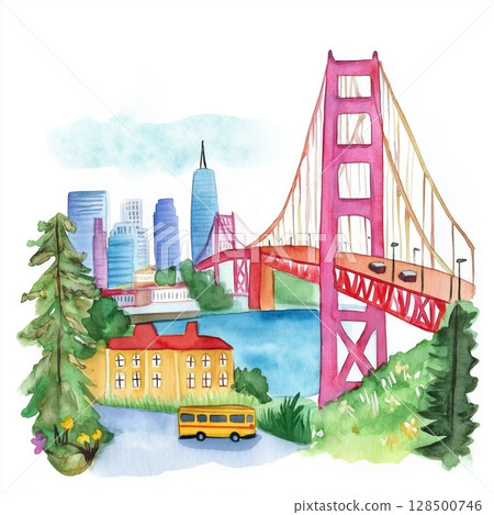 San Francisco. San Francisco hand drawn watercolor illustration 128500746