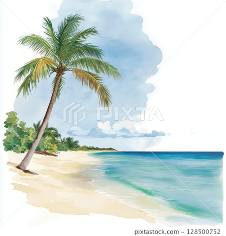 Seven Mile Beach. Seven Mile Beach hand drawn watercolor illustration 128500752