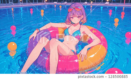 在池中玩耍的女孩 128500885