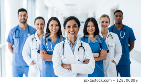 A doctor stands confidently in a hospital corridor, surrounded by a diverse group of staff. The concept of teamwork, inclusivity, and professional collaboration in modern healthcare. Generative AI. 128500899