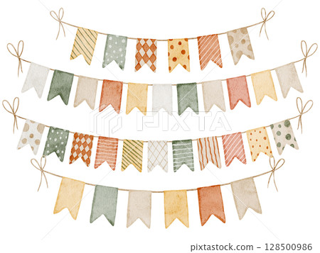 Watercolor illustration of Garlands with Flags in soft boho colors. Drawing of pennants for baby showers greeting cards or childish party invitations. Art for nursery decorations and festivity decor. Watercolor illustration of Garlands with Flags in soft boho colors. Drawing of pennants for baby showers greeting cards or childish party invitations. Art for nursery decorations and festivity decor. 128500986