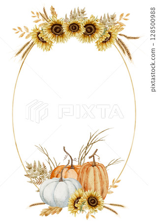 Watercolor autumn card Template with oval floral Frame of pumpkins, sunflowers, wheat, and fall leaves. Illustration of Border for harvest festival greetings, seasonal invitations, or stationery. 128500988