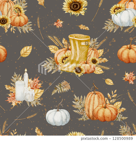 Watercolor seamless Pattern with pumpkins, sunflowers, candles, boots, and autumn leaves on a dark background. Illustration of ornament for Fall textiles, packaging, and paper design. 128500989