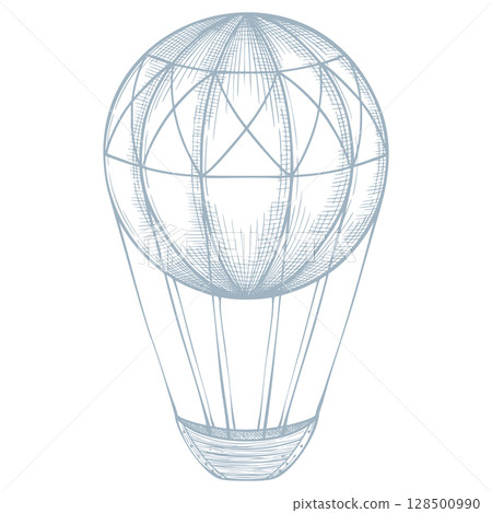Retro vector illustration of hot air Balloon. Linear pastel blue drawing of vintage Aircraft for Baby shower invitations or childish greeting cards. Outline sketch of Aerostat for nursery posters. Retro vector illustration of hot air Balloon. Linear pastel blue drawing of vintage Aircraft for Baby shower invitations or childish greeting cards. Outline sketch of Aerostat for nursery posters. 128500990