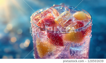 Pink fruit soda with sparkling ice and fruit for a refreshing summer feeling 128501639