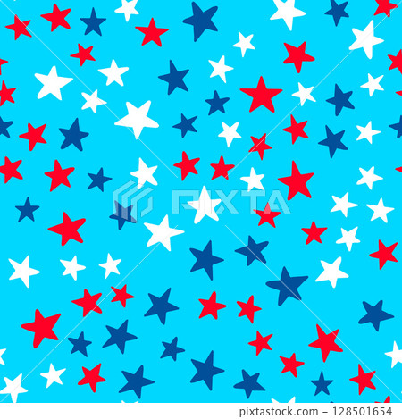 American patriotic seamless pattern. USA traditional backdrop.  Red white stars on blue background. Vector template for fabric, textile, wrapping paper, wallpaper, etc. 128501654