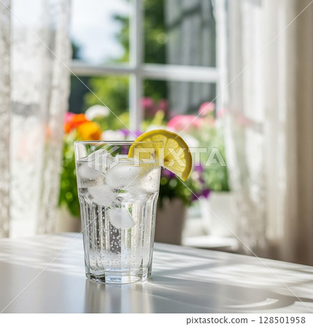 窗台上擺放著清爽的檸檬碳酸水 | 夏日咖啡館時光 蘇打水 雪碧 蘋果酒 128501958