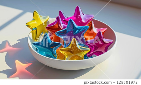 Colorful star-shaped gummy candies in a white bowl 128501972