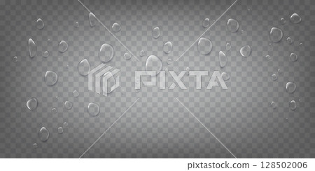 Realistic transparent water drops on dark wide background 128502006