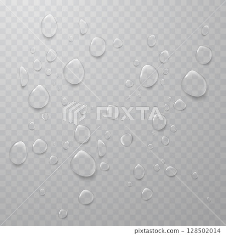 Realistic transparent water drops on clear glass surface Realistic transparent water drops on clear glass surface 128502014